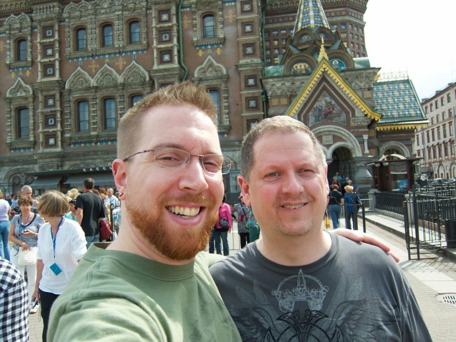 Andrew and Joe taking a selfie in front of the Church of the Savior on Spilled Blood in St. Petersburg